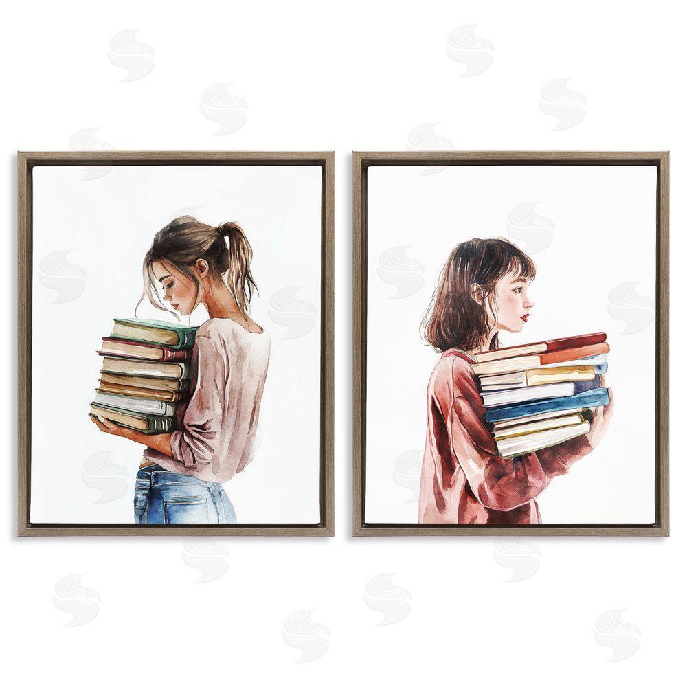 Svetlana Aleynikova Girls & Library Book Stacks Brown Floating Frame Canvas Wall Art Print