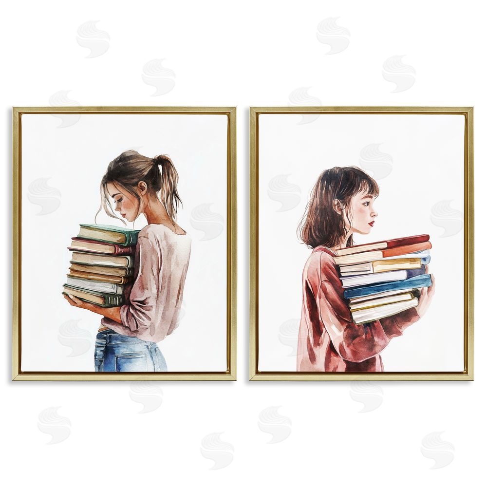 Svetlana Aleynikova Girls & Library Book Stacks Gold Floating Frame Canvas Wall Art Print