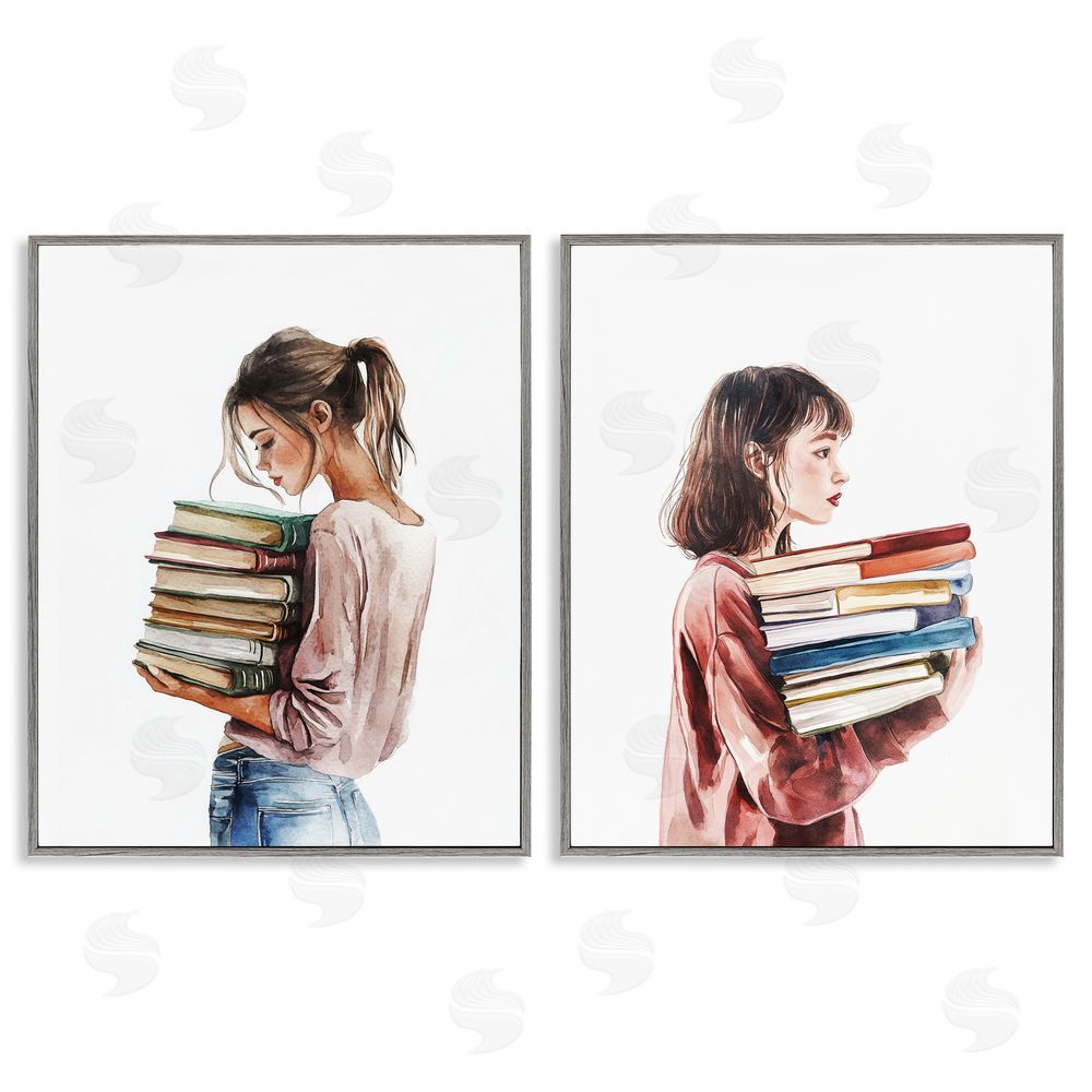 Svetlana Aleynikova Girls & Library Book Stacks Gray Framed Giclee Wall Art Print