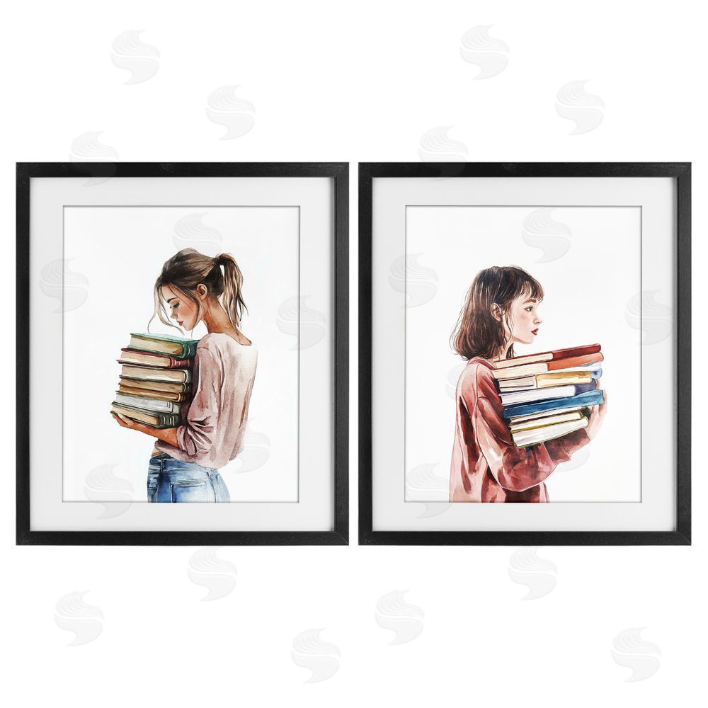 Svetlana Aleynikova Girls & Library Book Stacks Black Framed Print Under Glass Wall Art