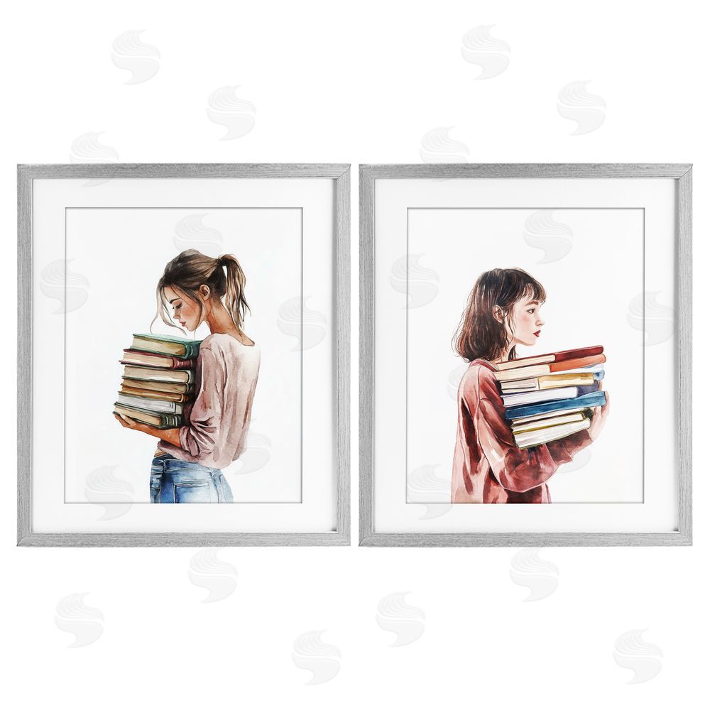 Svetlana Aleynikova Girls & Library Book Stacks Gray Framed Print Under Glass Wall Art