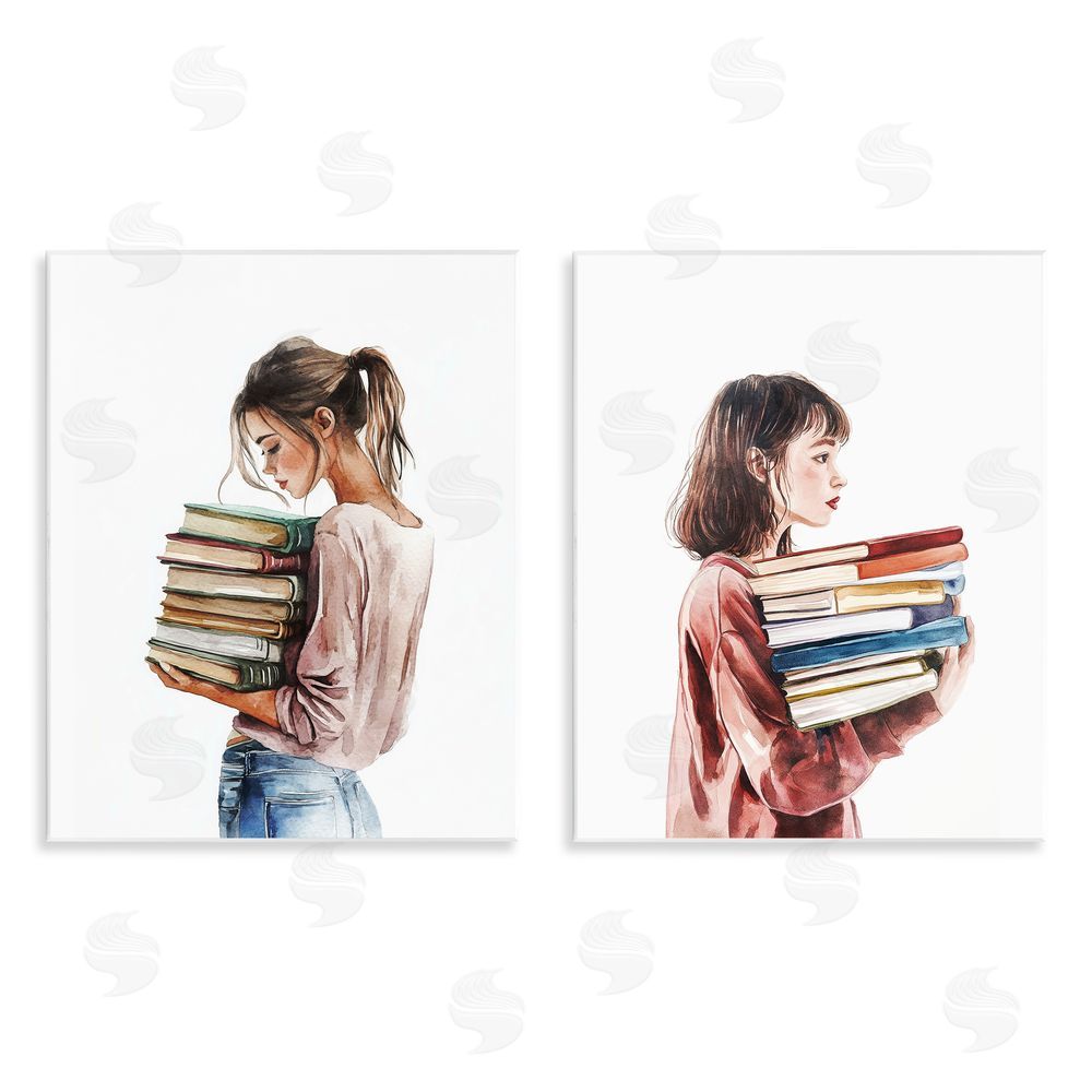 Svetlana Aleynikova Girls & Library Book Stacks Wall Plaque Art Print