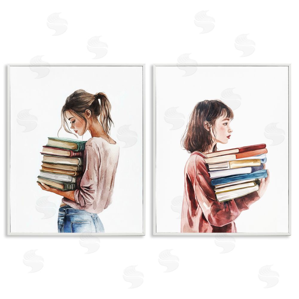 Svetlana Aleynikova Girls & Library Book Stacks White Framed Giclee Wall Art Print