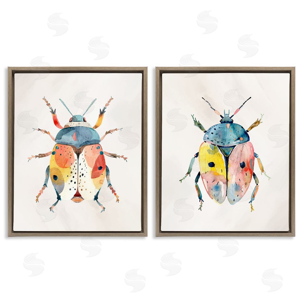 Kim Allen Colorful Boho Beetles Brown Floating Frame Canvas Wall Art Print