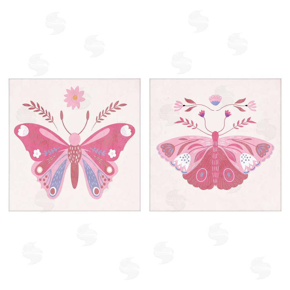 Kim Allen Pink Folk Butterflies Stretched Canvas Wall Art Print