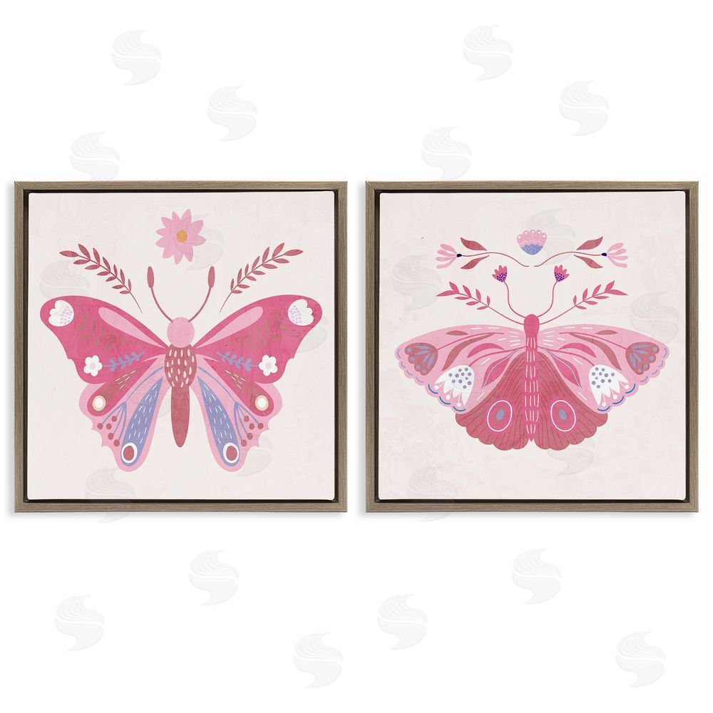 Kim Allen Pink Folk Butterflies Brown Floating Frame Canvas Wall Art Print