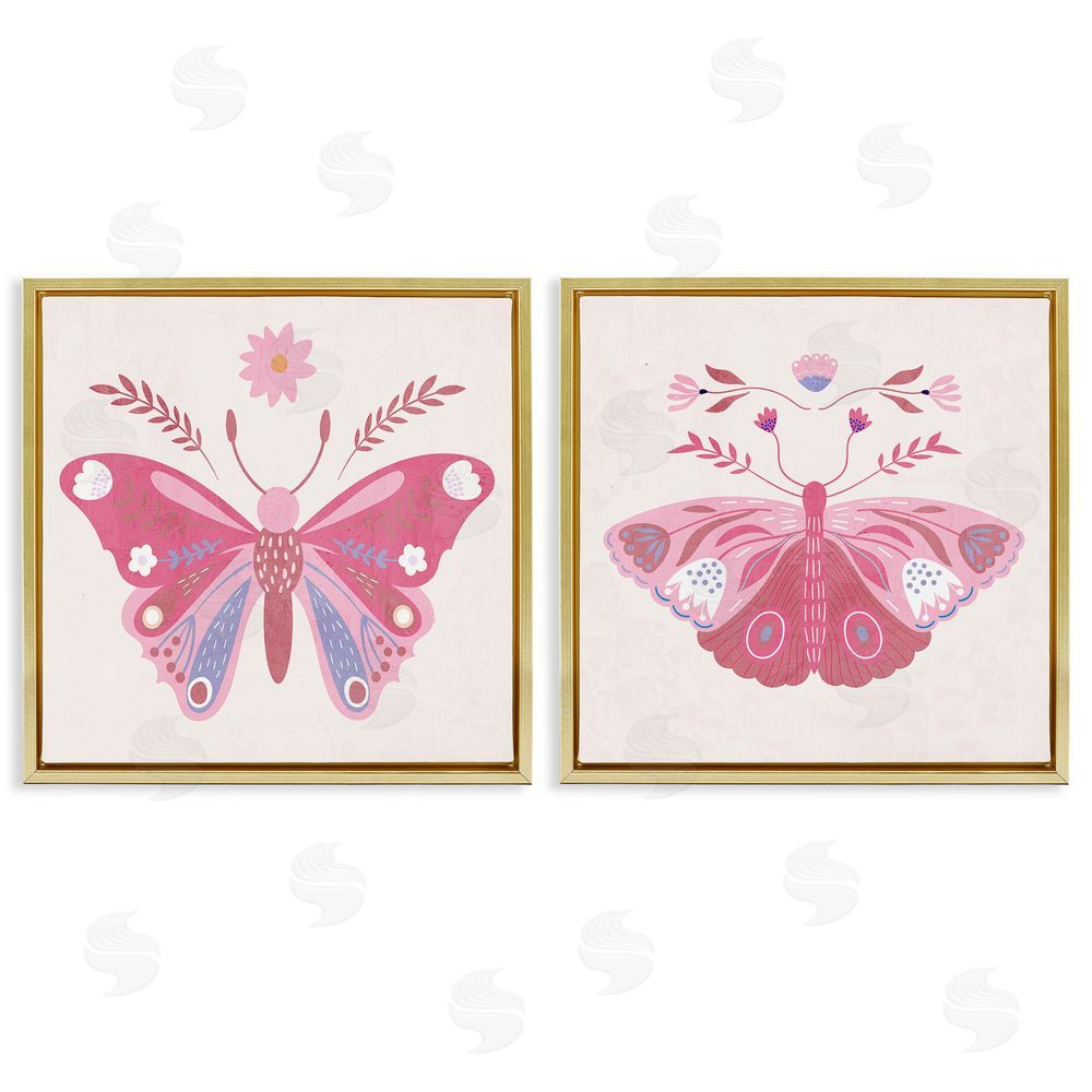 Kim Allen Pink Folk Butterflies Gold Floating Frame Canvas Wall Art Print