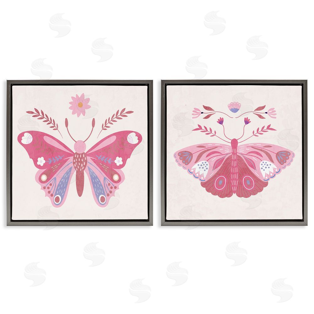 Kim Allen Pink Folk Butterflies Gray Floating Frame Canvas Wall Art Print