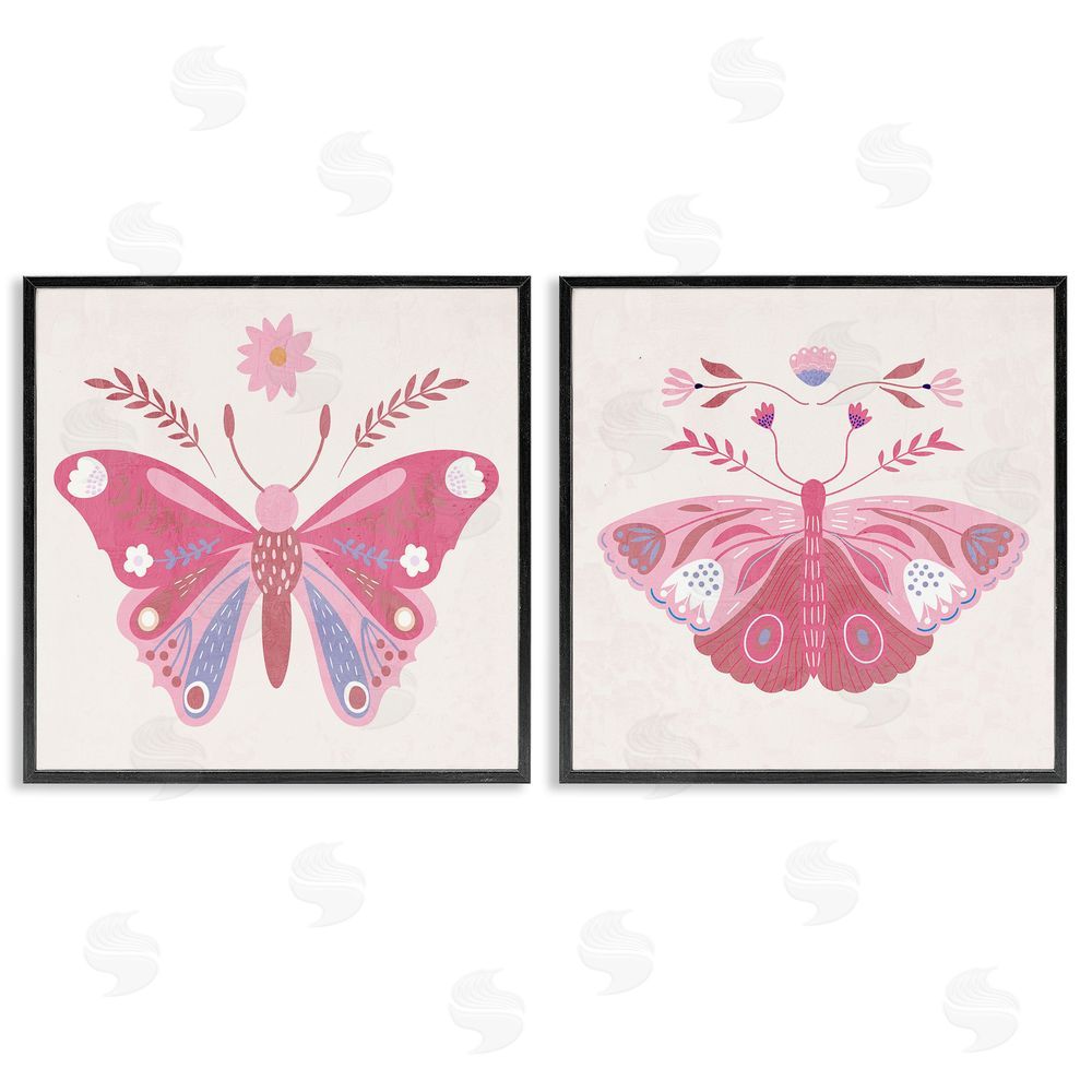 Kim Allen Pink Folk Butterflies Black Framed Giclee Wall Art Print