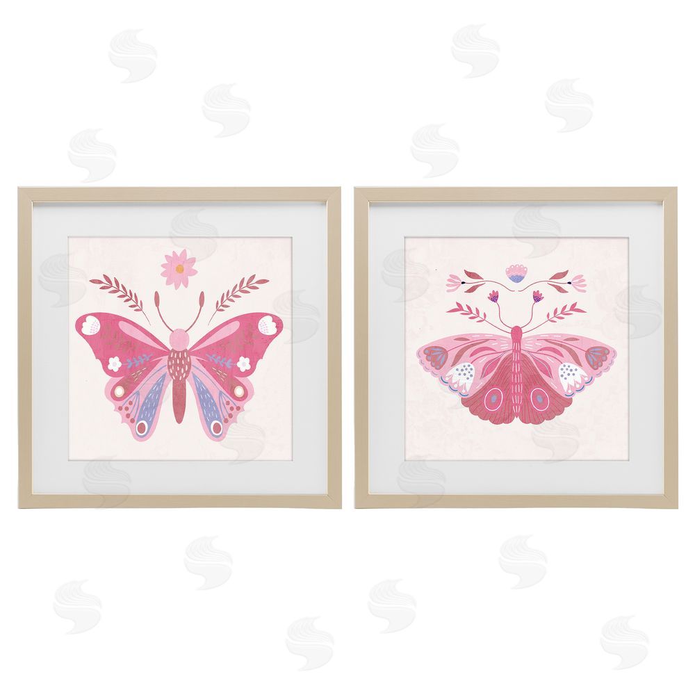 Kim Allen Pink Folk Butterflies Birch Framed Print Under Glass Wall Art