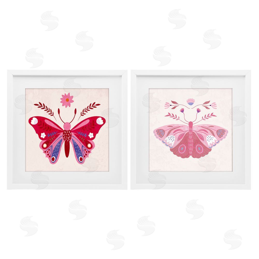 Kim Allen Pink Folk Butterflies White Framed Print Under Glass Wall Art