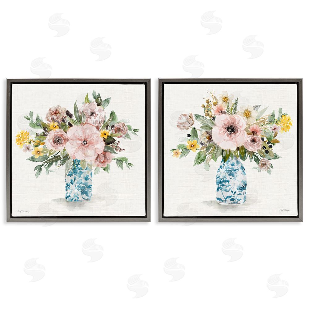 Carol Robinson Summer Chinoiserie Flowers Gray Floating Frame Canvas Wall Art Print