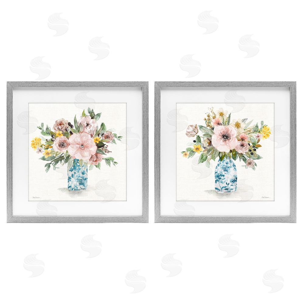 Carol Robinson Summer Chinoiserie Flowers Gray Framed Print Under Glass Wall Art
