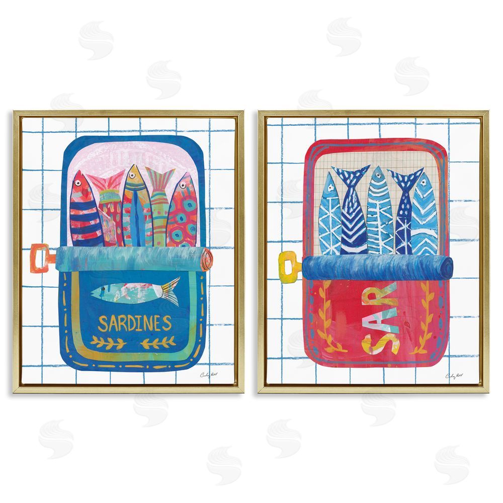 Courtney Prahl Whimsical Silly Sardines Gold Floating Frame Canvas Wall Art Print
