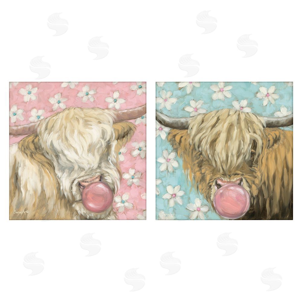 Sara G. Designs Cute Bubblegum Highland Cattles Stretched Canvas Wall Art