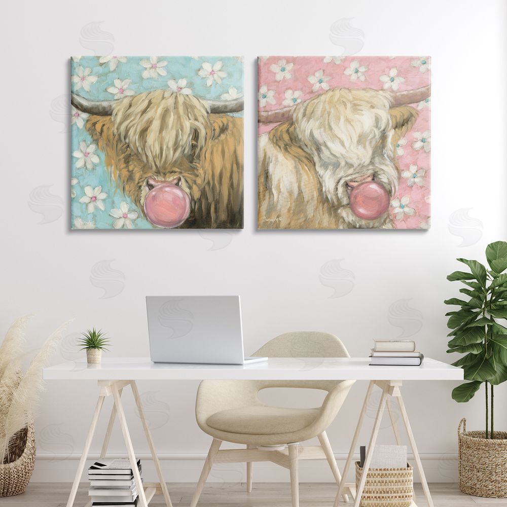 Sara G. Designs Cute Bubblegum Highland Cattles Stretched Canvas Wall Art in Room