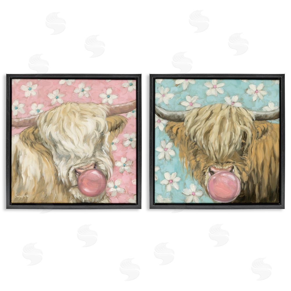 Sara G. Designs Cute Bubblegum Highland Cattles Black Floating Frame Canvas Wall Art Print