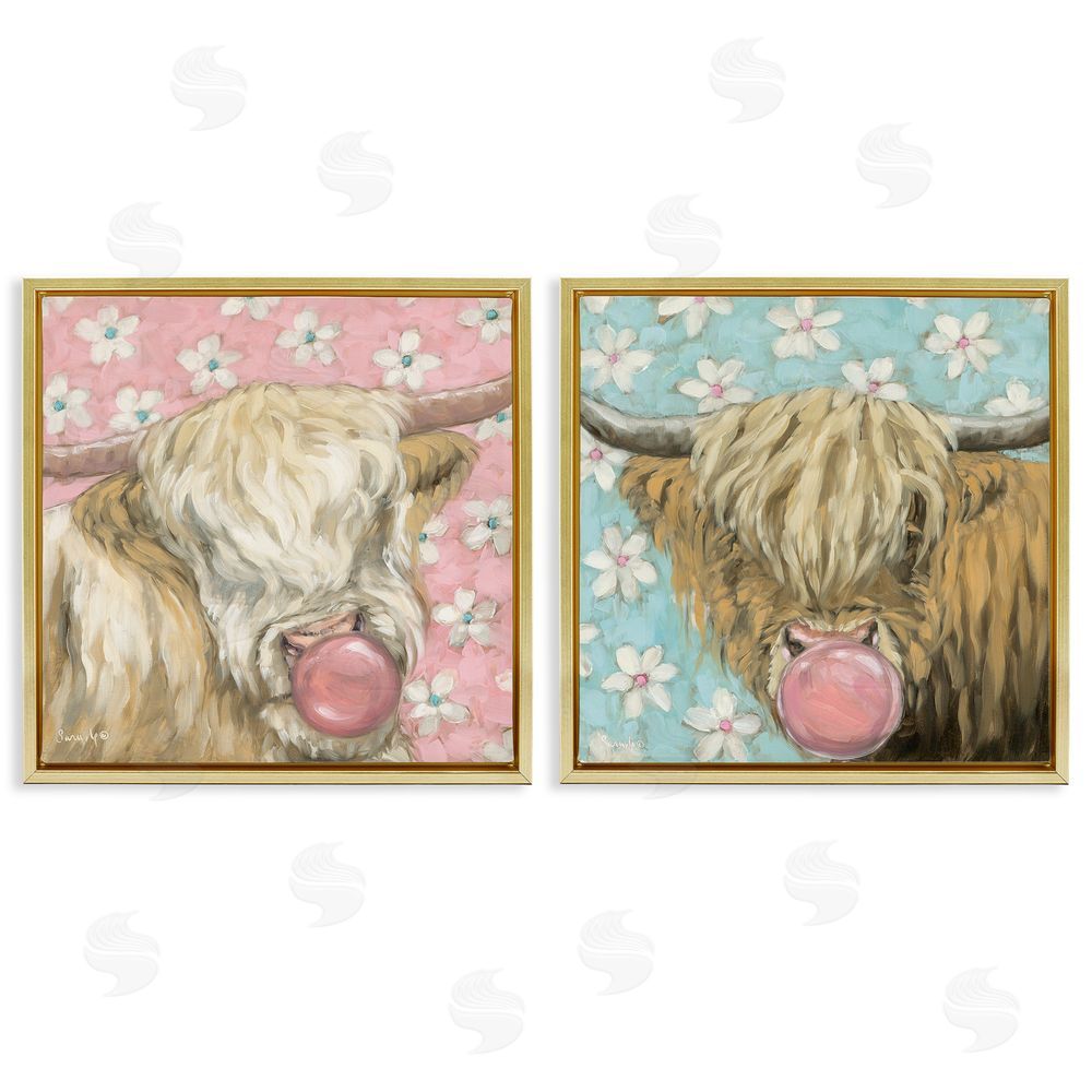 Sara G. Designs Cute Bubblegum Highland Cattles Gold Floating Frame Canvas Wall Art Print