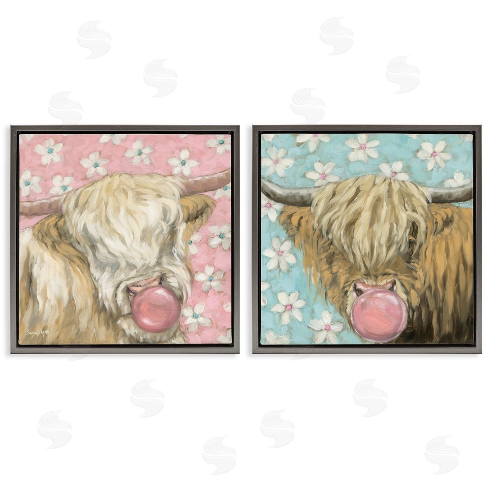 Sara G. Designs Cute Bubblegum Highland Cattles Gray Floating Frame Canvas Wall Art Print