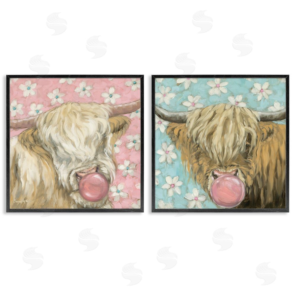 Sara G. Designs Cute Bubblegum Highland Cattles Black Framed Giclee Wall Art Print
