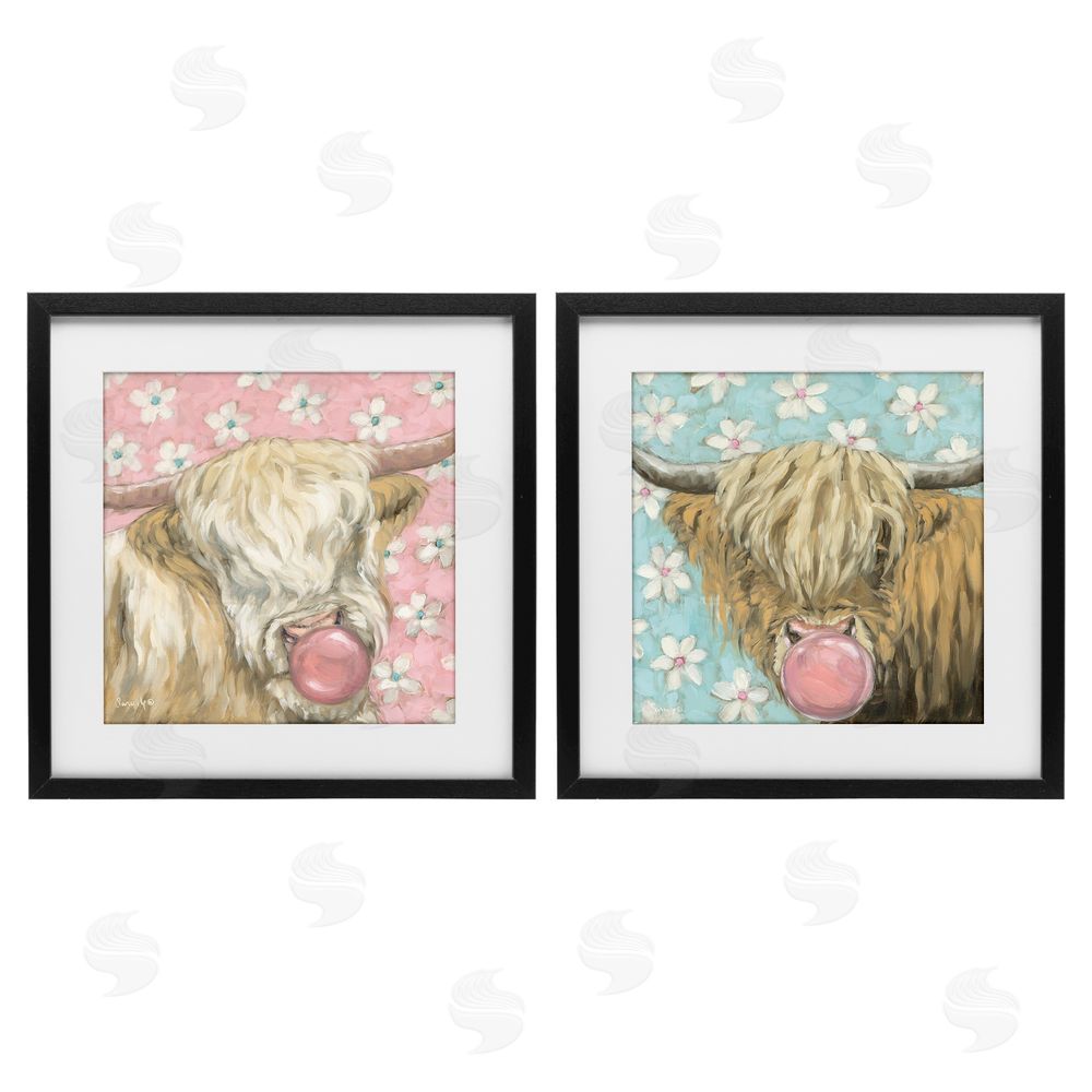 Sara G. Designs Cute Bubblegum Highland Cattles Black Framed Print Under Glass Wall Art