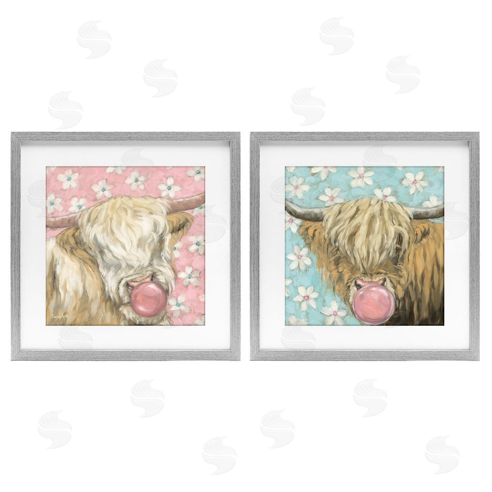 Sara G. Designs Cute Bubblegum Highland Cattles Gray Framed Print Under Glass Wall Art