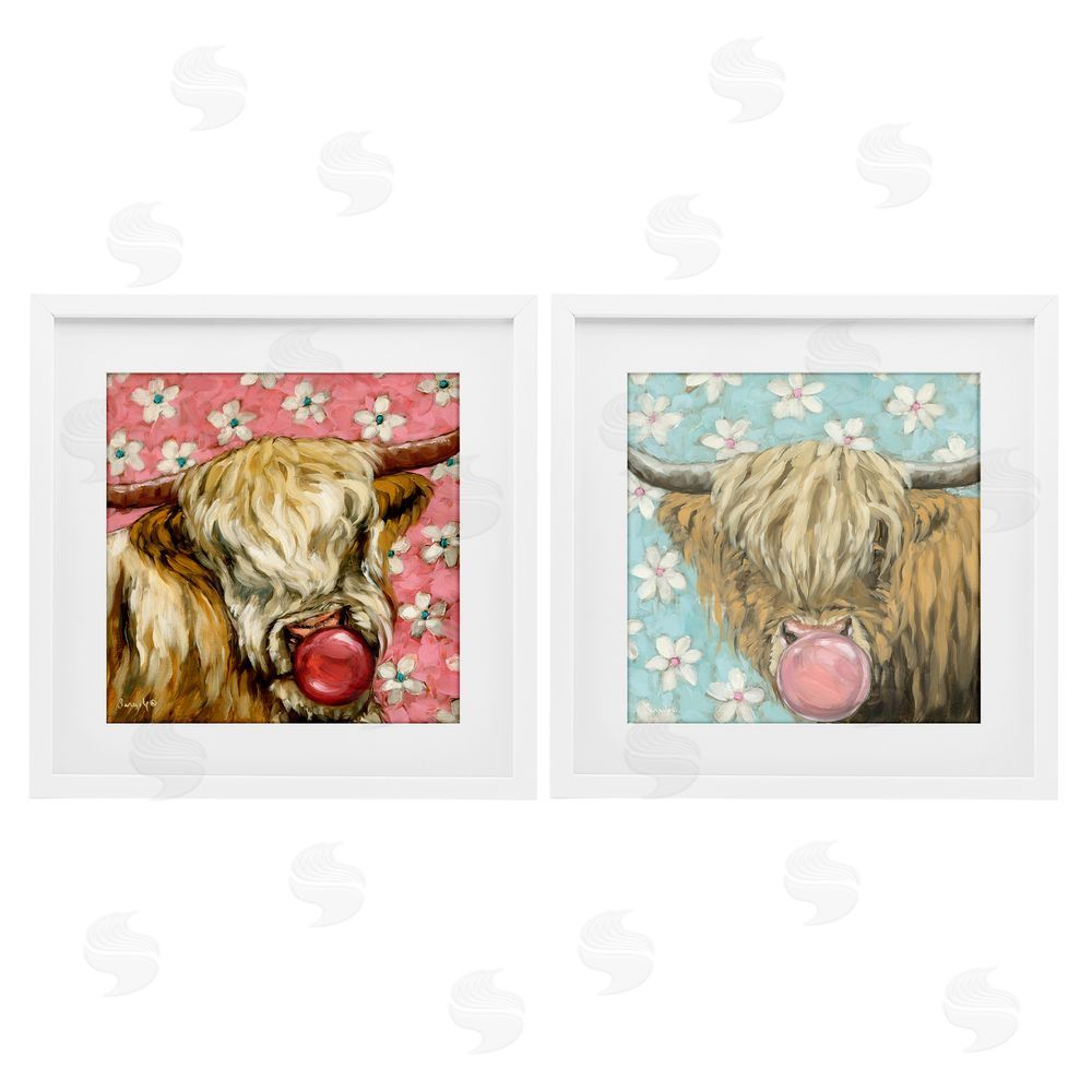 Sara G. Designs Cute Bubblegum Highland Cattles White Framed Print Under Glass Wall Art