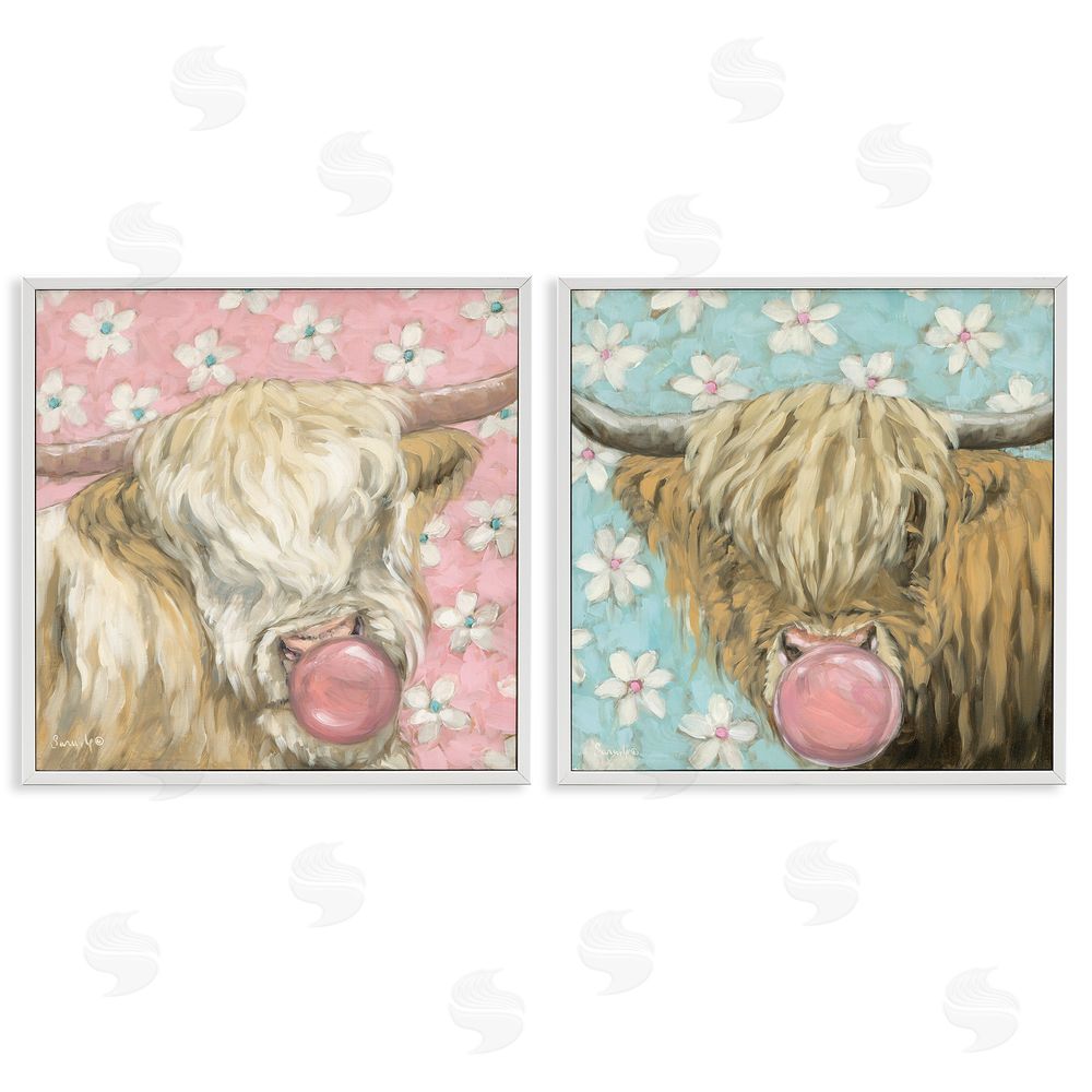 Sara G. Designs Cute Bubblegum Highland Cattles White Framed Giclee Wall Art Print