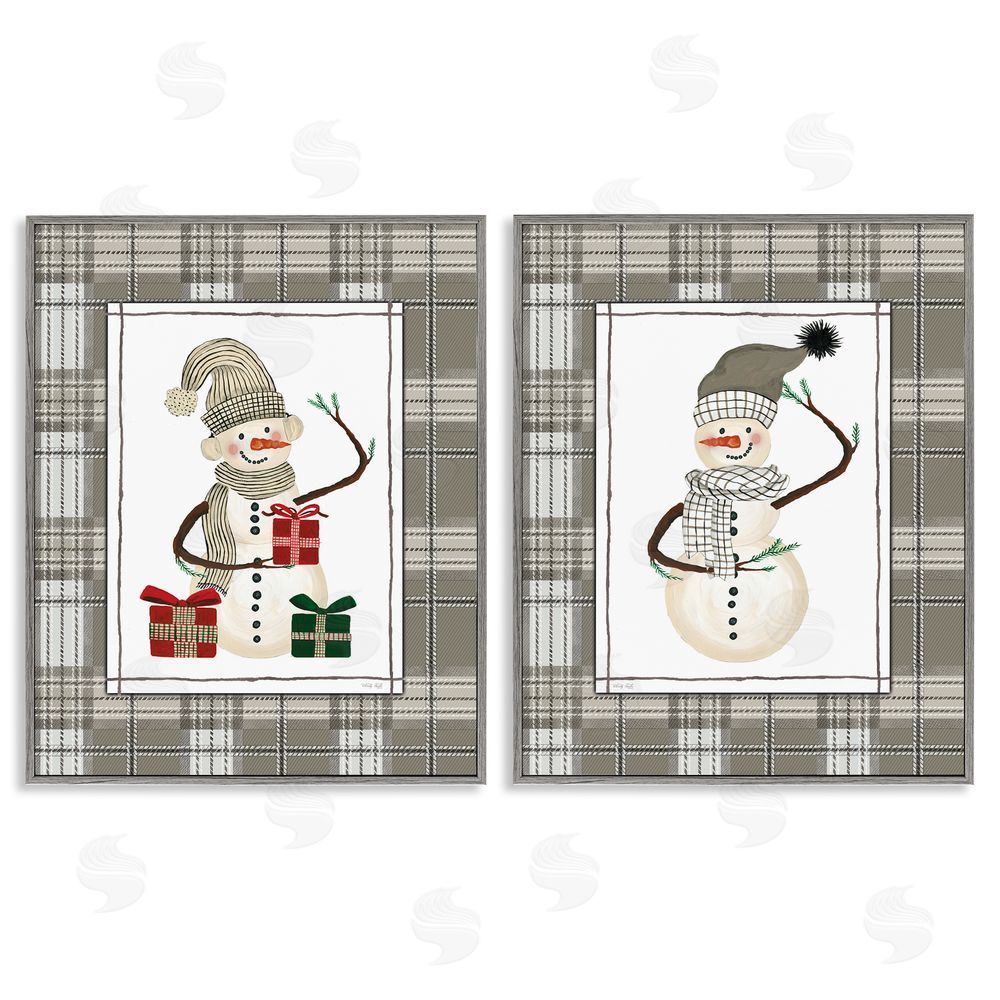 Cindy Jacobs Cozy Snowmen on Plaid Gray Framed Giclee Art Set
