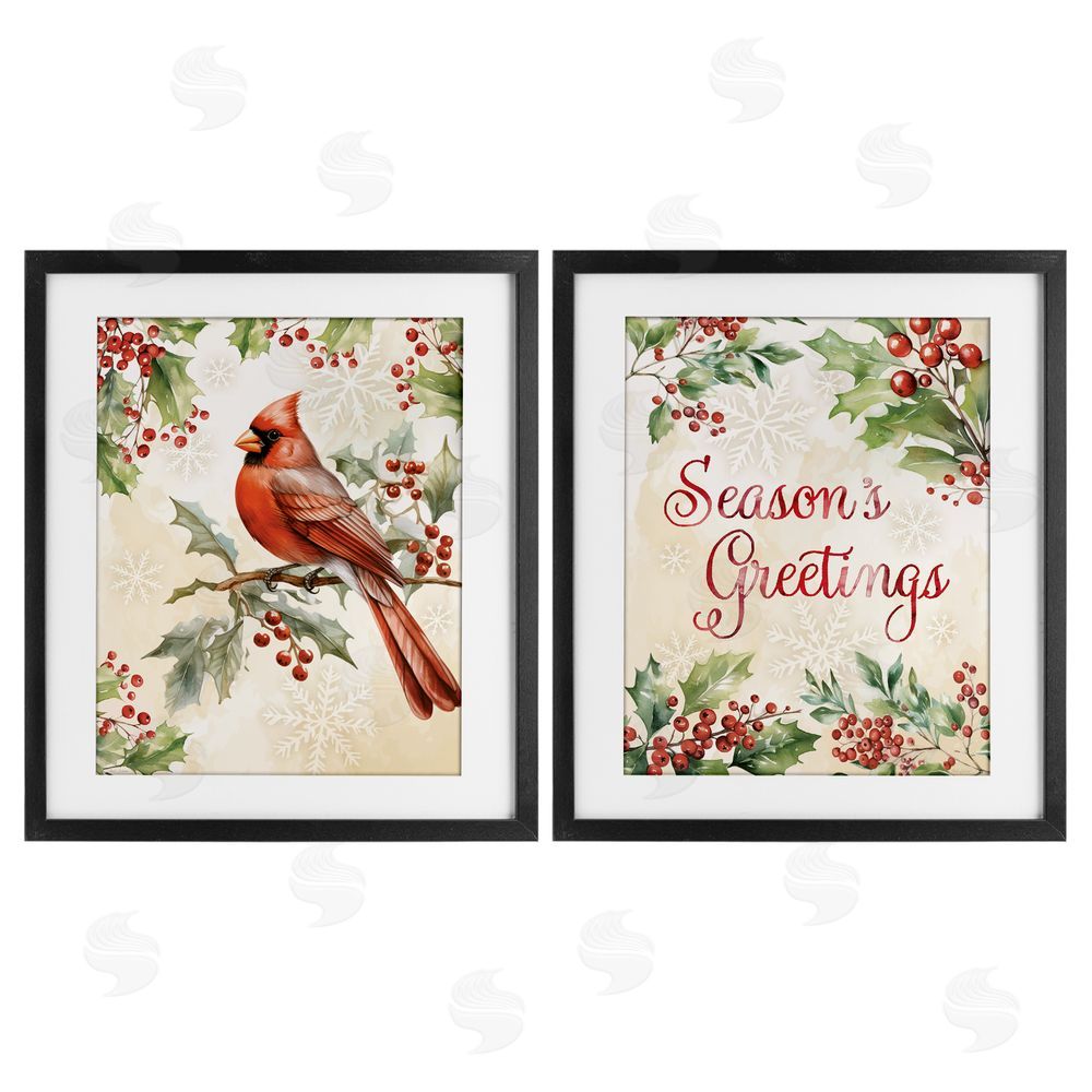 Nicole DeCamp Season's Greetings and Cardinal Black Framed Print Under Glass Set