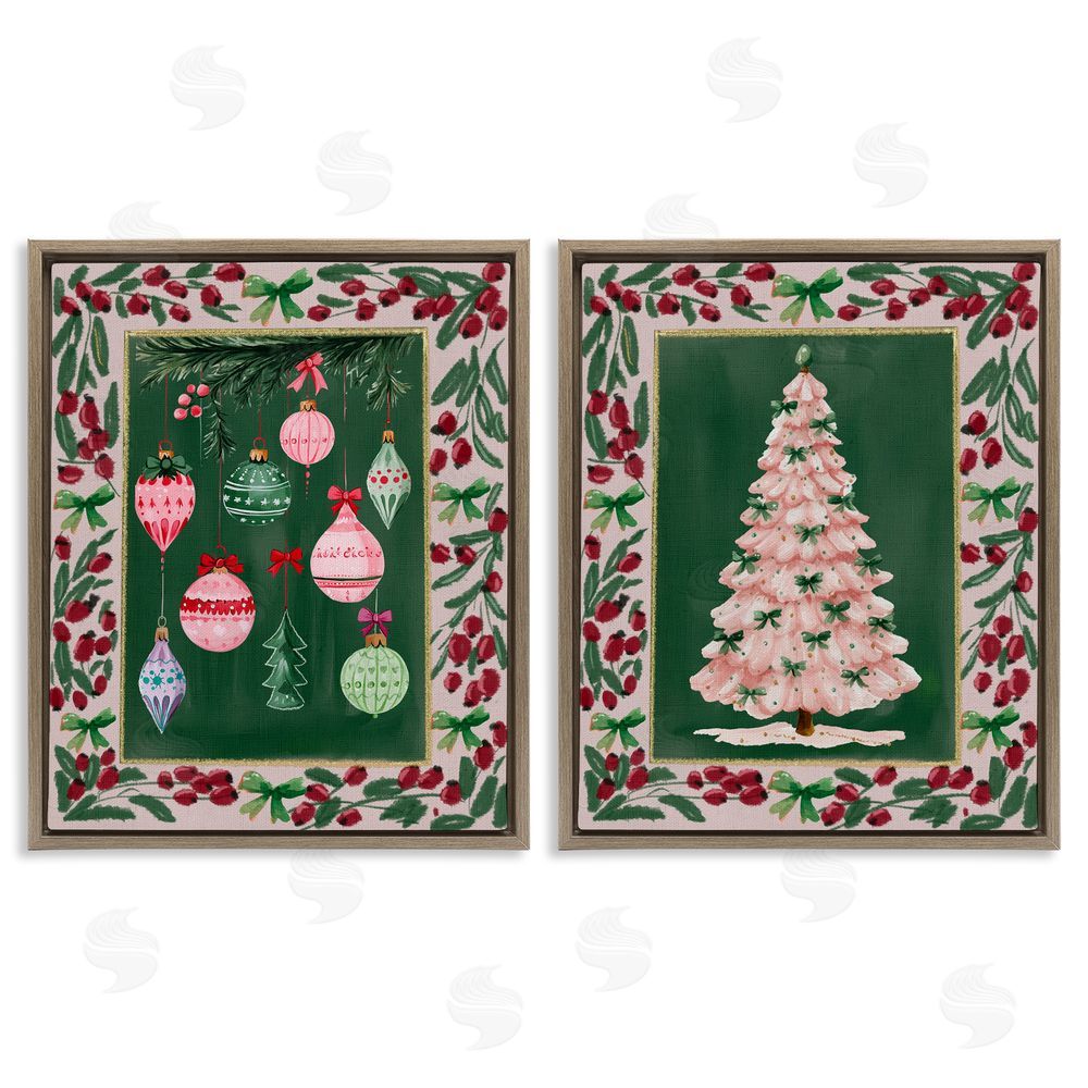 Yen Vintage Ornaments & Tree Border Brown Floating Frame Canvas Art Set