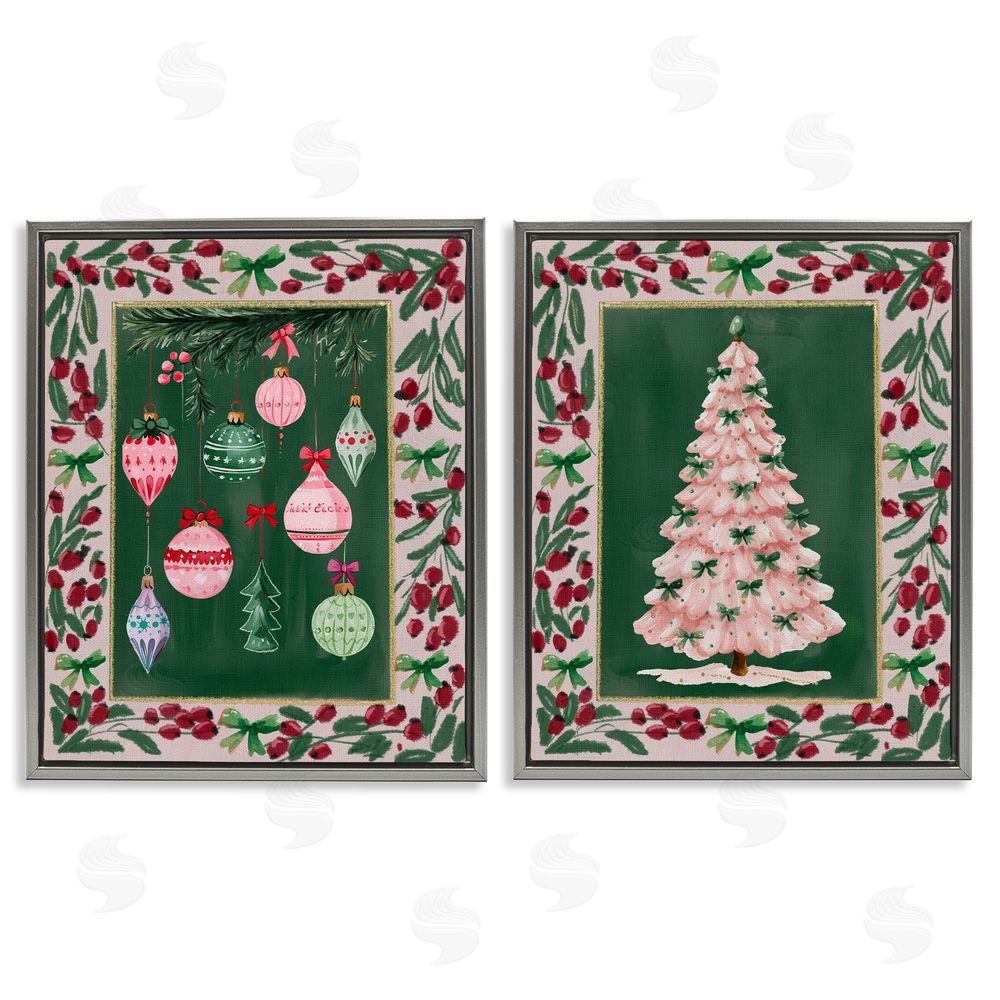 Yen Vintage Ornaments & Tree Border Gray Floating Frame Canvas Art Set