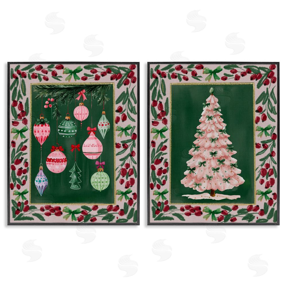 Yen Vintage Ornaments & Tree Border Black Framed Giclee Art Set