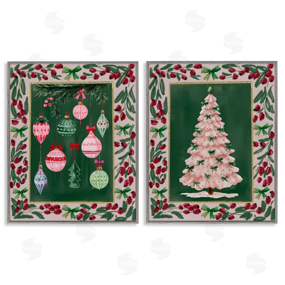 Yen Vintage Ornaments & Tree Border Gray Framed Giclee Art Set