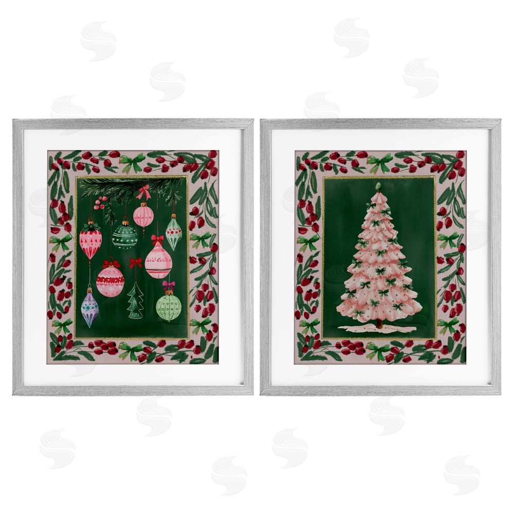 Yen Vintage Ornaments & Tree Border Gray Framed Print Under Glass Set