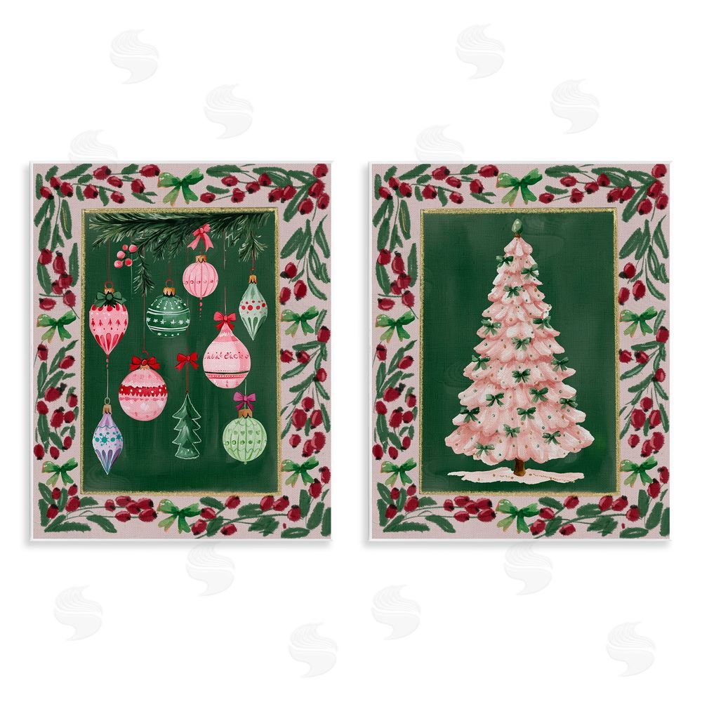 Yen Vintage Ornaments & Tree Border Wall Plaque Printed Art Set