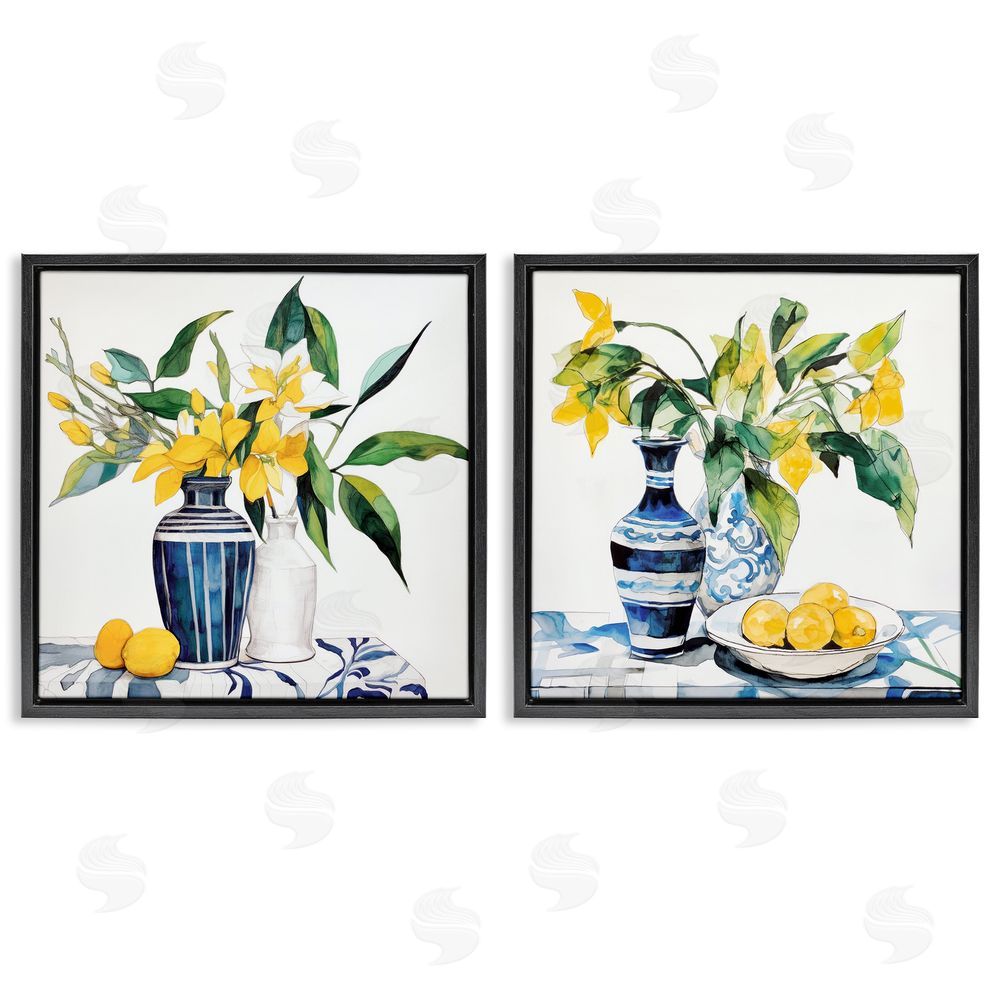 Ray Powers Lemon Blooms Table Setting Black Floating Frame Canvas Wall Art