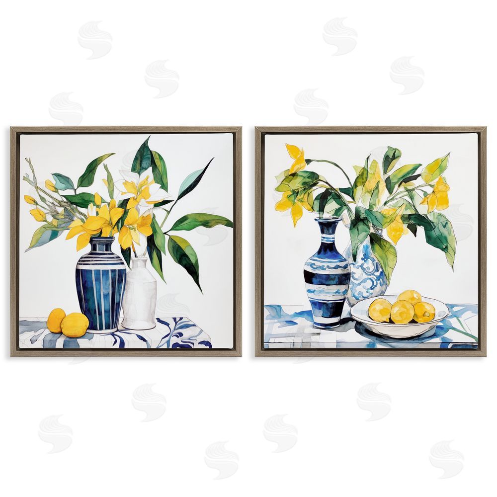 Ray Powers Lemon Blooms Table Setting Brown Floating Frame Canvas Wall Art