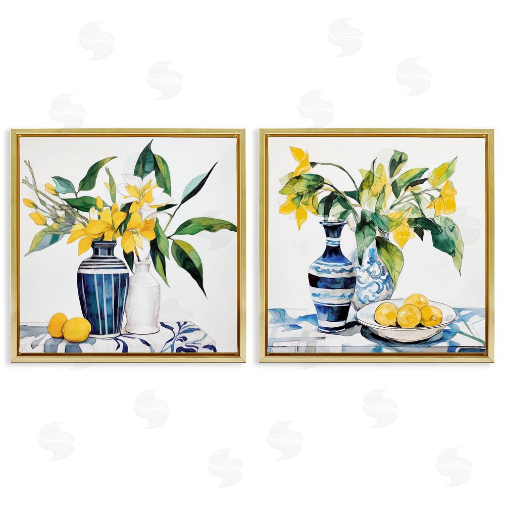 Ray Powers Lemon Blooms Table Setting Gold Floating Frame Canvas Wall Art