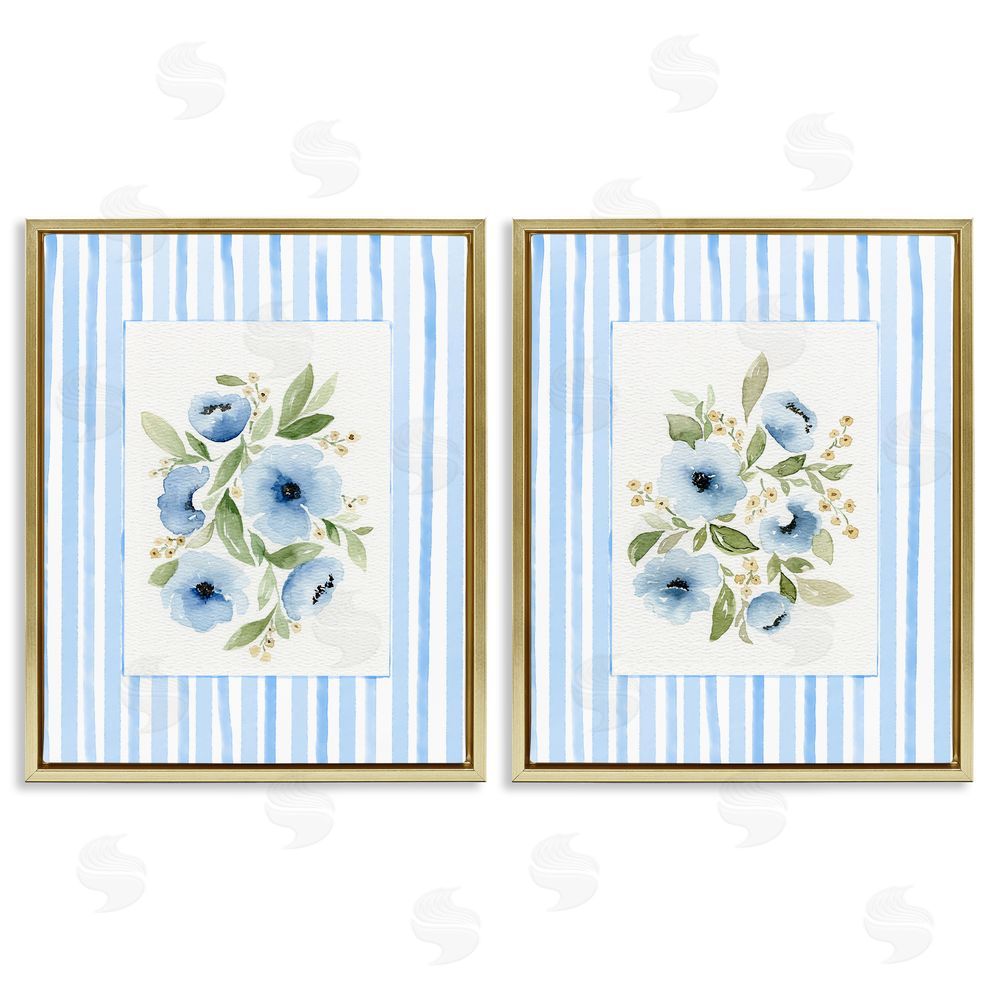 Leah Noel Art Blue Flowers with Stripe Border Gold Floating Frame Canvas Wall Art Print