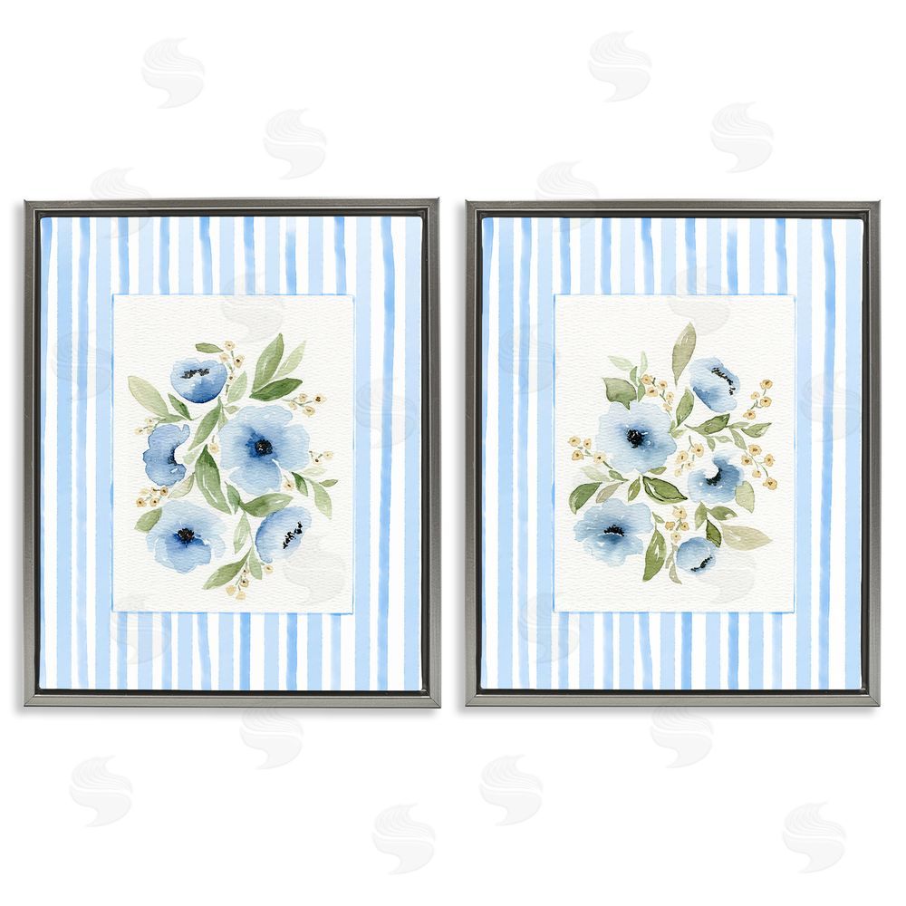Leah Noel Art Blue Flowers with Stripe Border Gray Floating Frame Canvas Wall Art Print