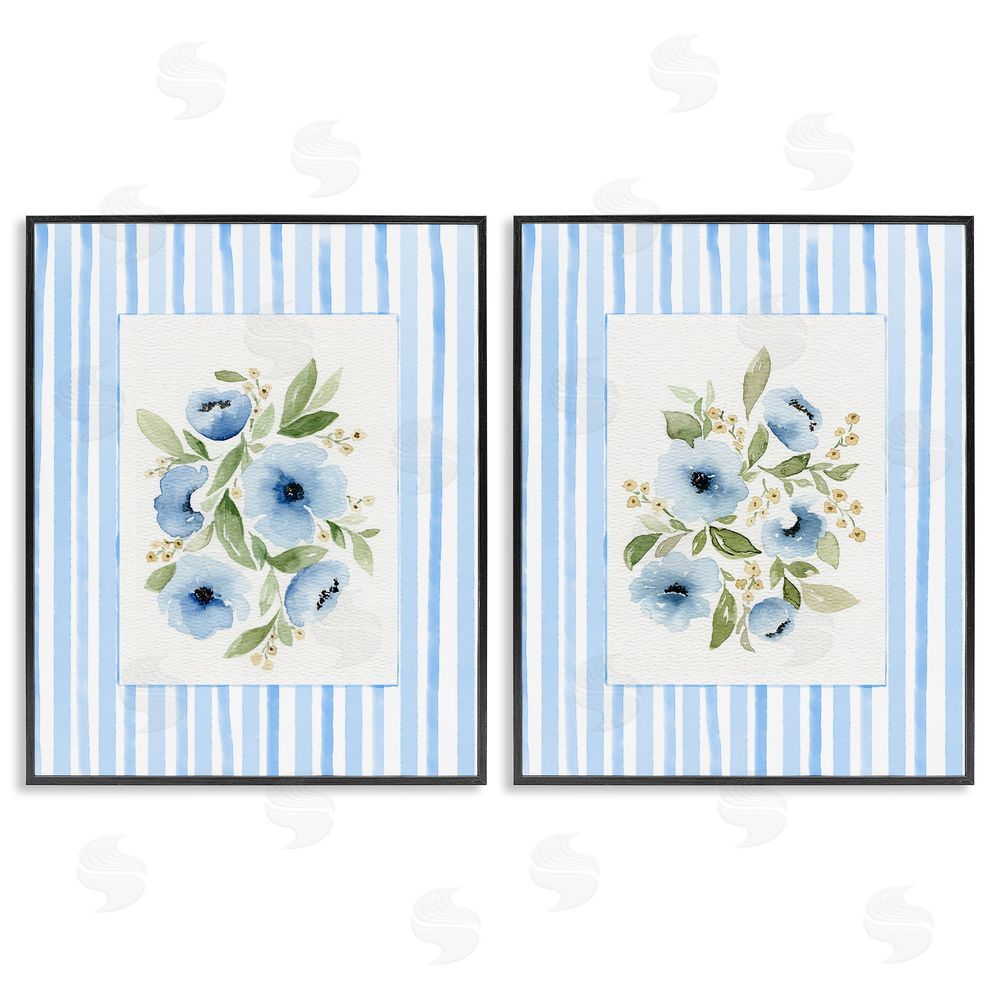 Leah Noel Art Blue Flowers with Stripe Border Black Framed Giclee Wall Art Print