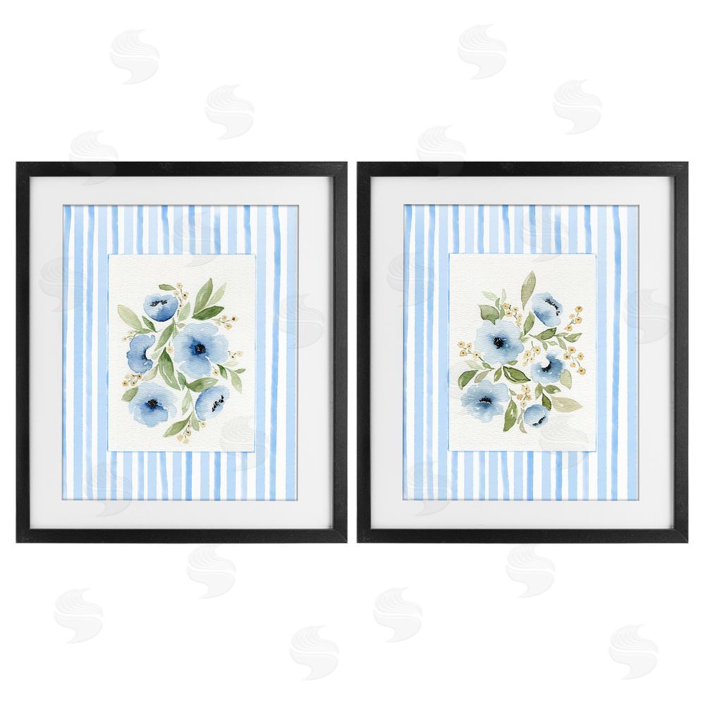 Leah Noel Art Blue Flowers with Stripe Border Black Framed Print Under Glass Wall Art