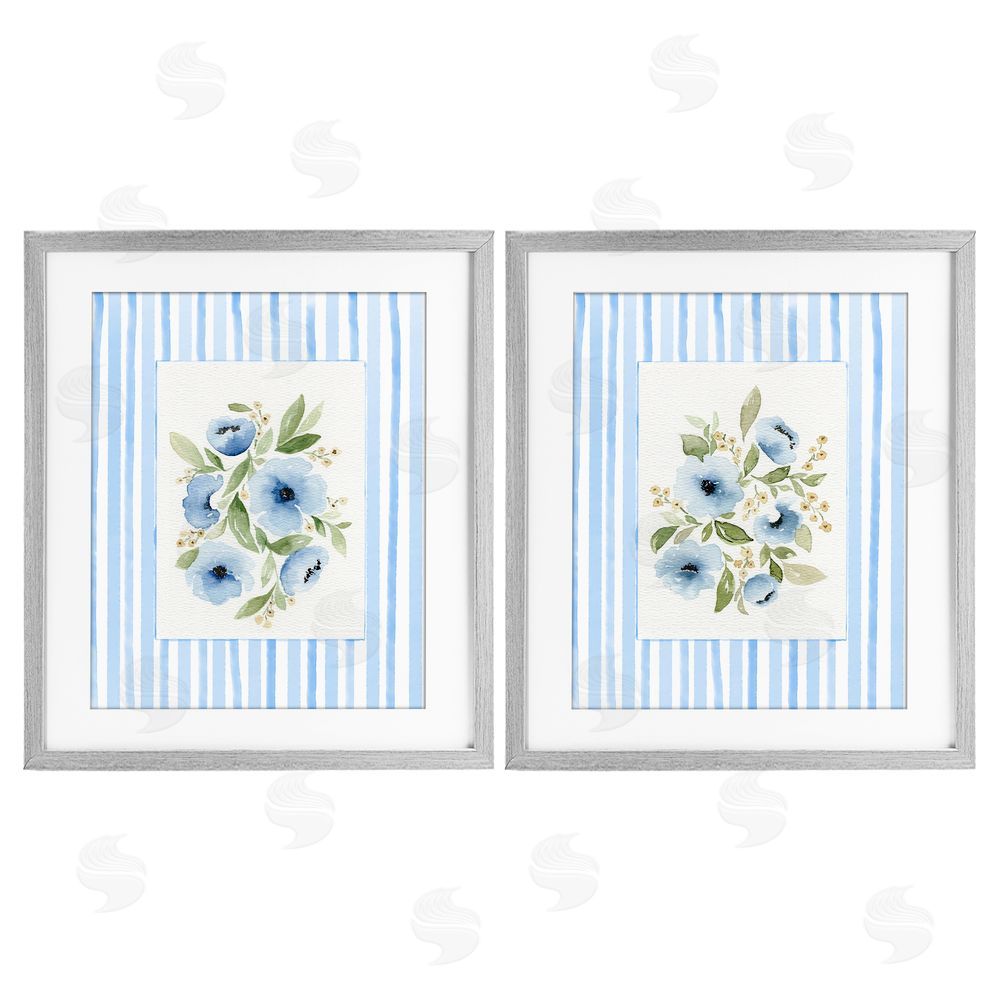 Leah Noel Art Blue Flowers with Stripe Border Gray Framed Print Under Glass Wall Art