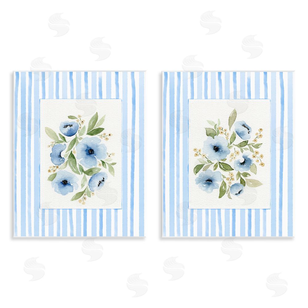 Leah Noel Art Blue Flowers with Stripe Border Wall Plaque Art Print