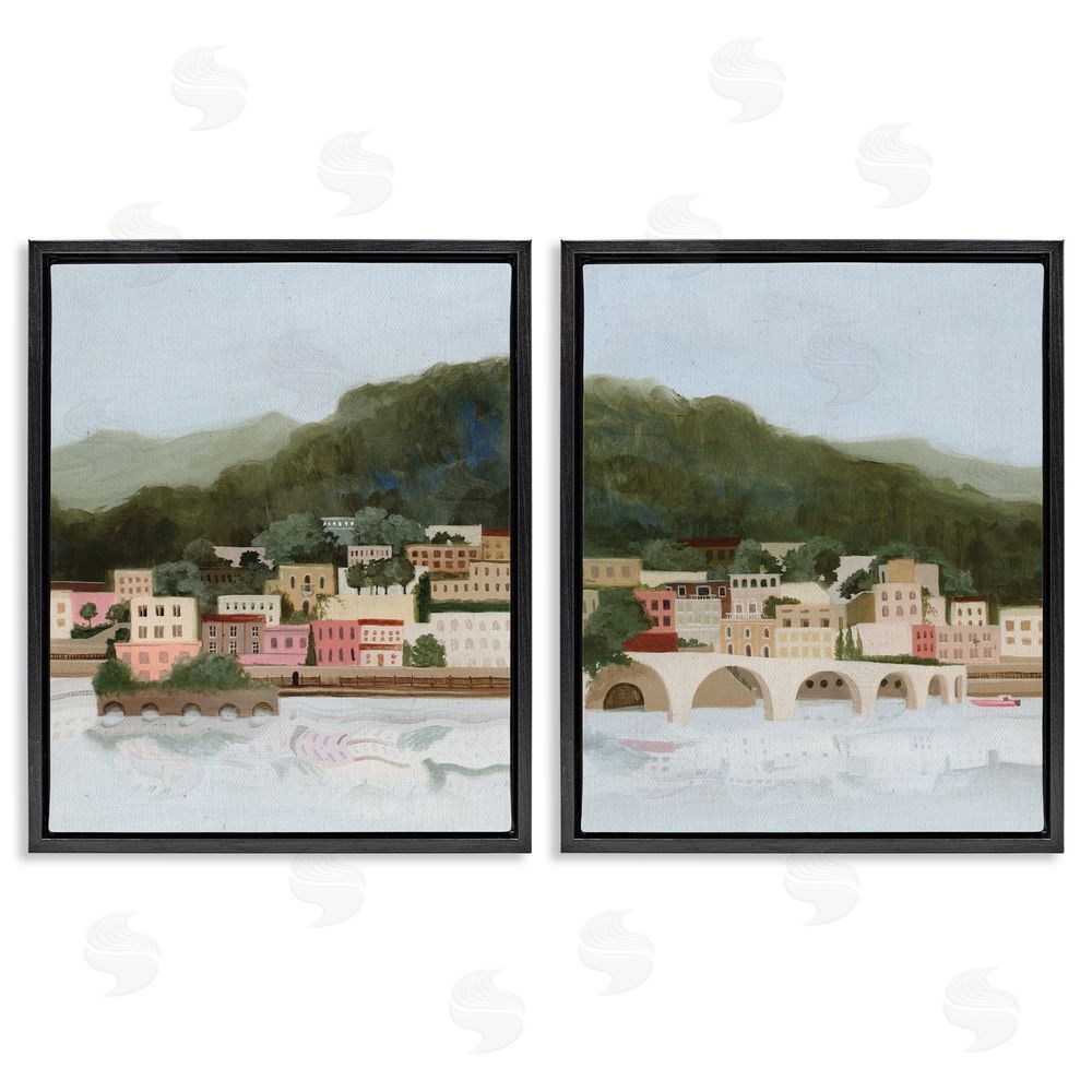 Grace Popp Mountain Town by Sea Black Floating Frame Canvas Wall Art