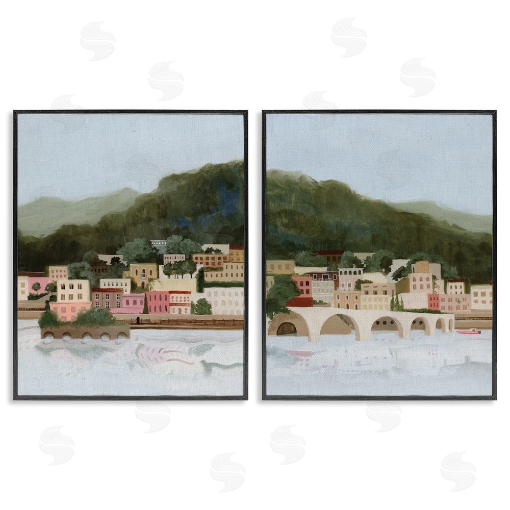 Grace Popp Mountain Town by Sea Blacked Framed Giclee Wall Art Print