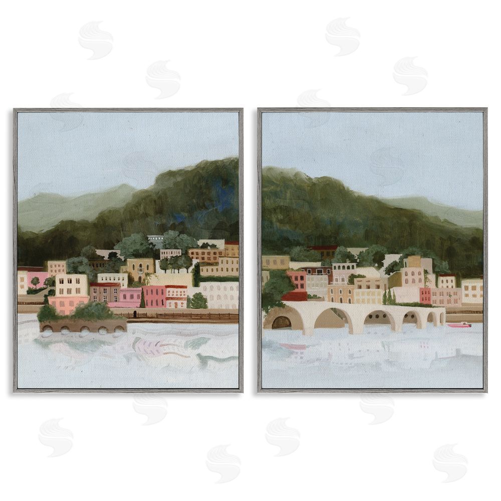 Grace Popp Mountain Town by Sea Gray Framed Giclee Wall Art Print