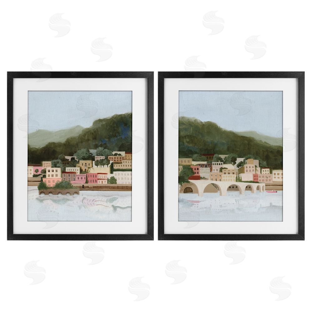 Grace Popp Mountain Town by Sea Black Framed Print Under Glass with Mat Wall Art