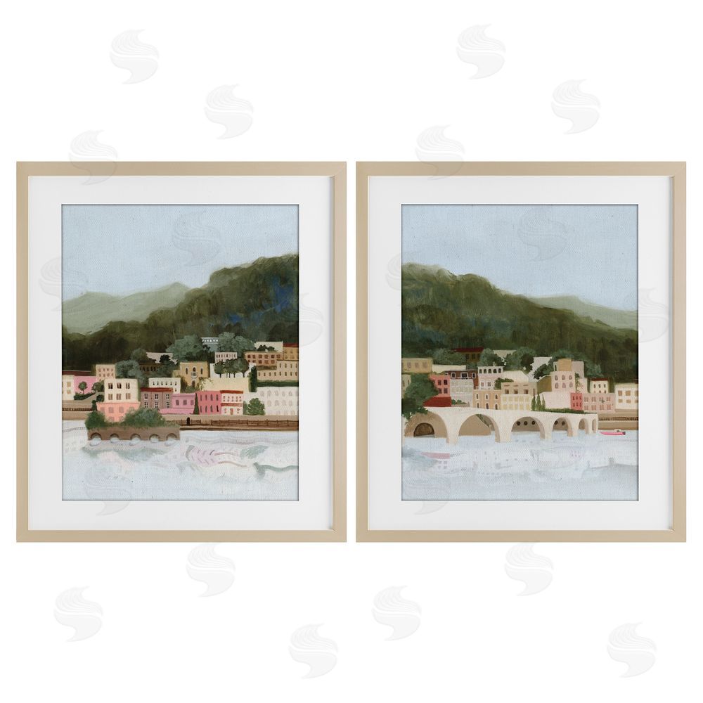 Grace Popp Mountain Town by Sea Brown Framed Print Under Glass with Mat Wall Art